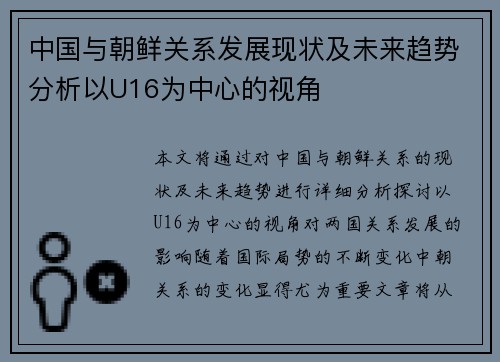 中国与朝鲜关系发展现状及未来趋势分析以U16为中心的视角