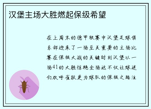 汉堡主场大胜燃起保级希望